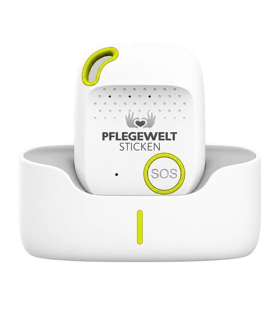 Mobiles Notrufgerät von Pflegewelt Sticken mit SOS-Taste in seiner Ladestation