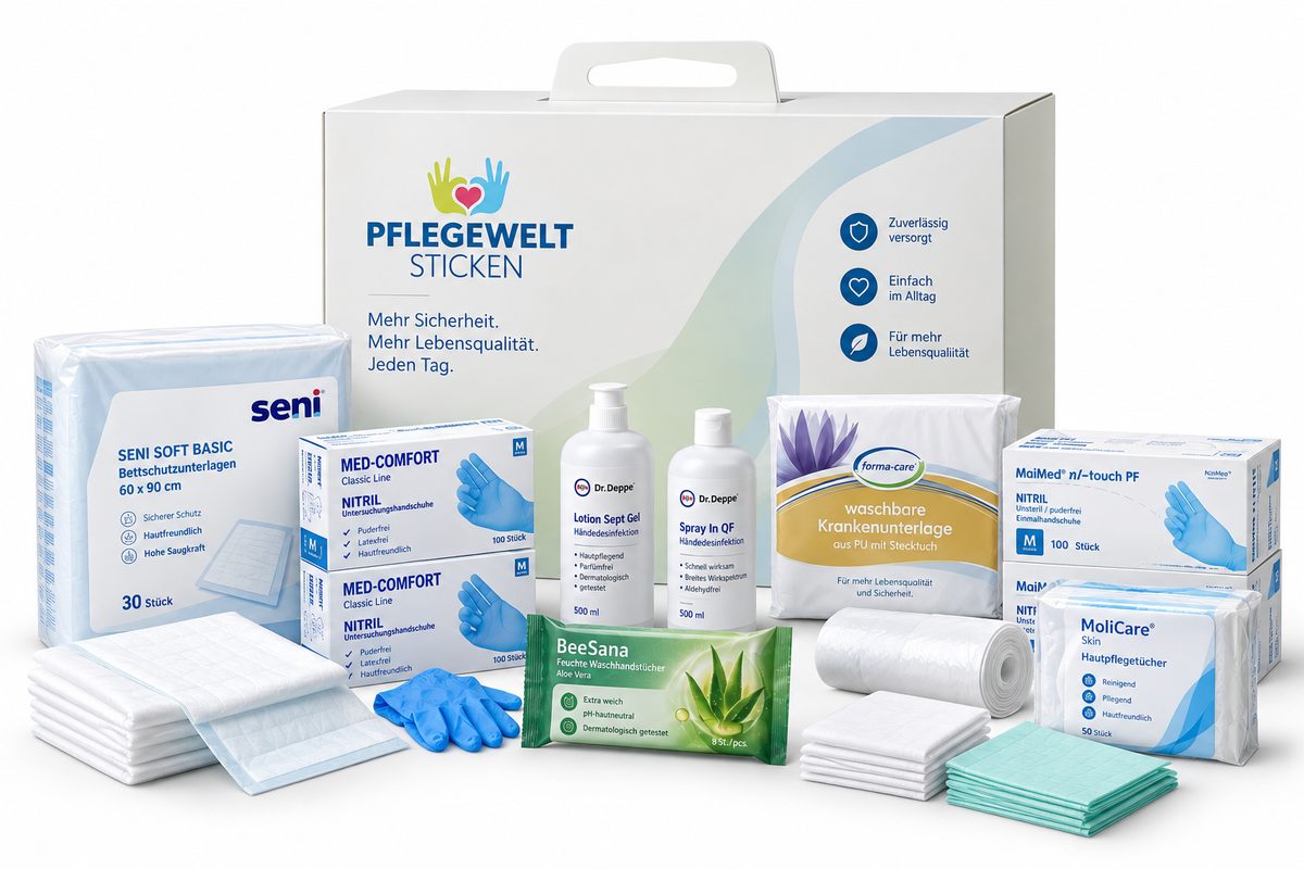 Pflegebox von Pflegewelt Sticken mit dem Inhalt davor aufgebaut: Bettschutzunterlagen, Einmalhandschuhe, Hände- und Flächendesinfektion, Waschhandschuhe, eine waschbare Krankenunterlage und Hautpflegetücher